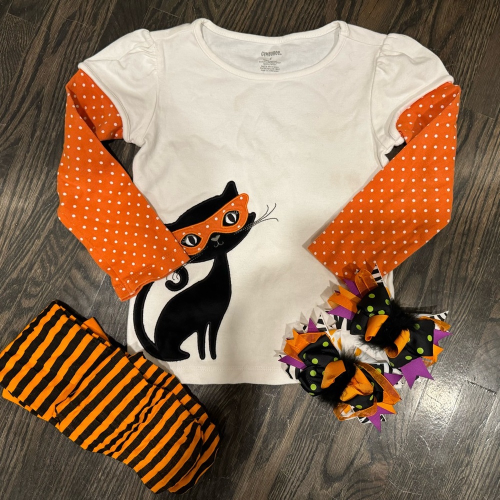 Halloween Gymboree Mud Pie Hair Bows Cat Shirt Size 4 Striped Tights Bundle